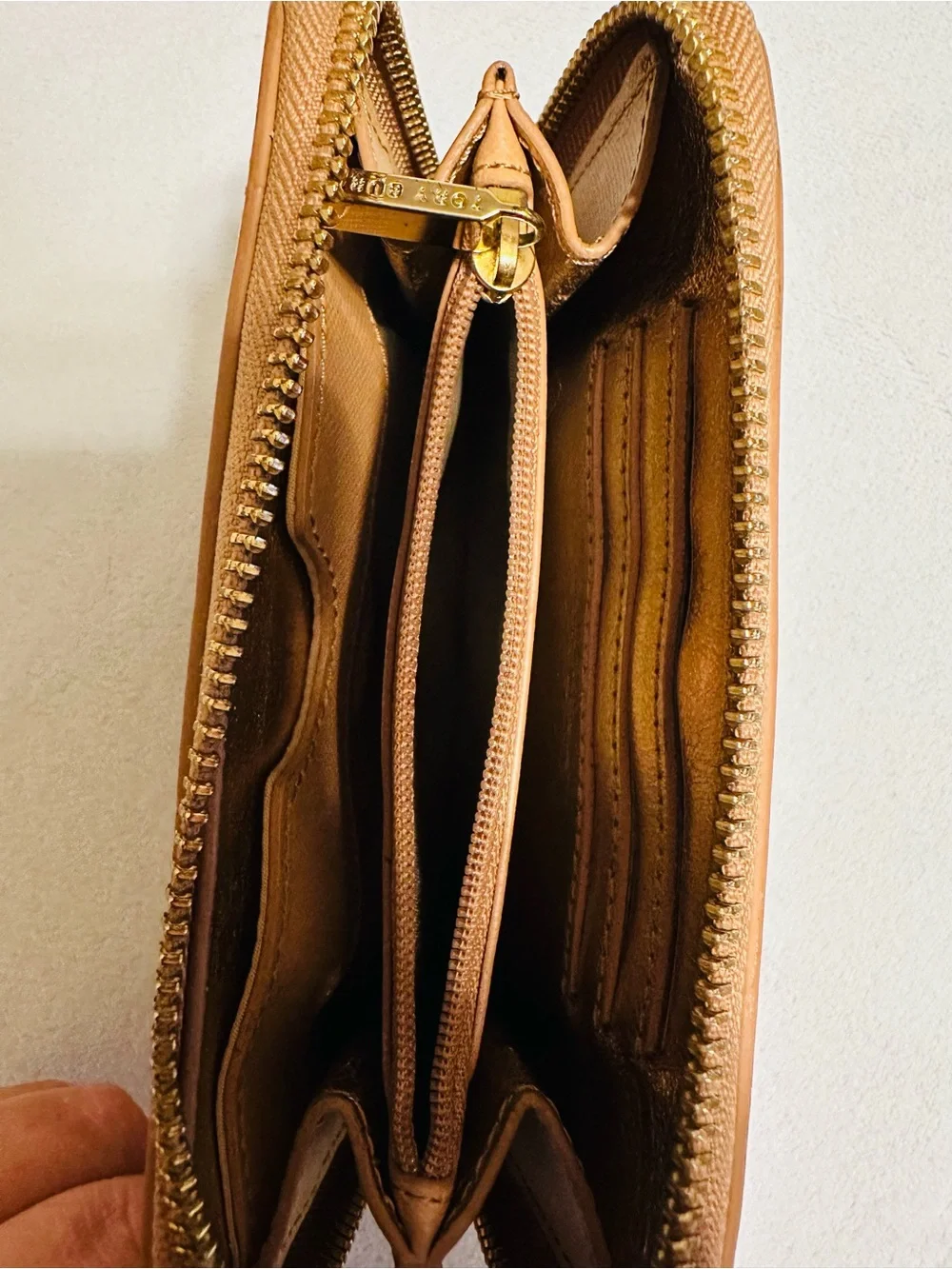 Tory Burch Beige Saffiano Leather Zip Card Holder